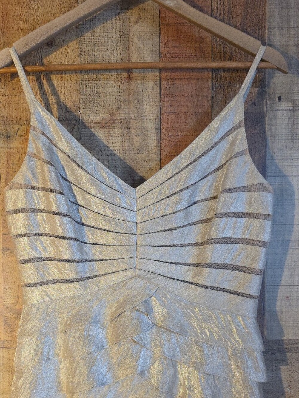 Adrianna Papell Shimmery Ivory Tiered V-Neck Mini Dress - Picture 3 of 10